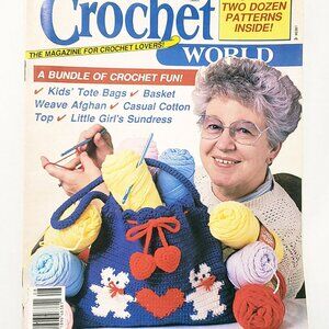Crochet World Magazine Aug 1987 Tote Bag Basket Weave Afghan Sundress Casual Top